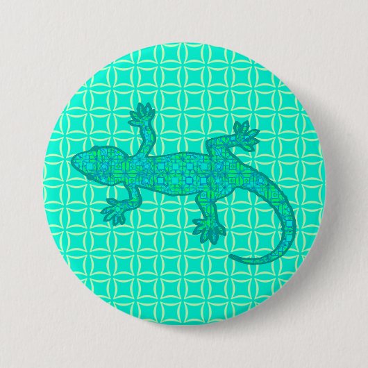 Tribal batik Gecko - Türkis / Pfau Button (Vorderseite)