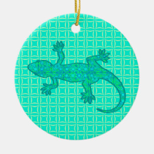 Tribal batik Gecko - Türkis / Pfau Keramikornament