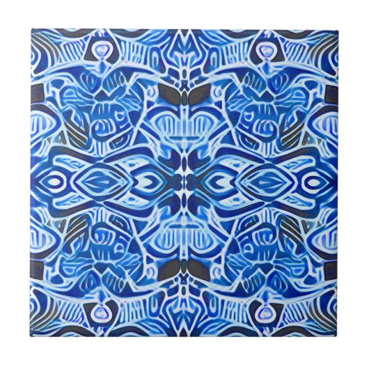 Tribal Batik Muster in Indigo Blau und Weiß Fliese (Vorderseite)
