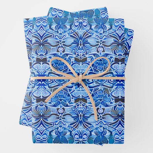 Tribal Batik Muster in Indigo Blau und Weiß Geschenkpapier Set (Beispiel)
