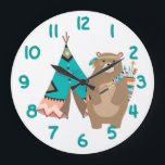 Tribal Bear and Tipi Teal Number Große Wanduhr<br><div class="desc">Here's a cute clock that will help your child learn to read time, and be fun, too! Large teal numbers on a field of white make the clock easy to read. Within the circle of numbers is an adorable image of a brown bear dressed in tribal attire, including a head...</div>