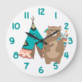 Tribal Bear and Tipi Teal Number Große Wanduhr