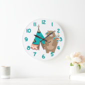 Tribal Bear and Tipi Teal Number Große Wanduhr (Zuhause)