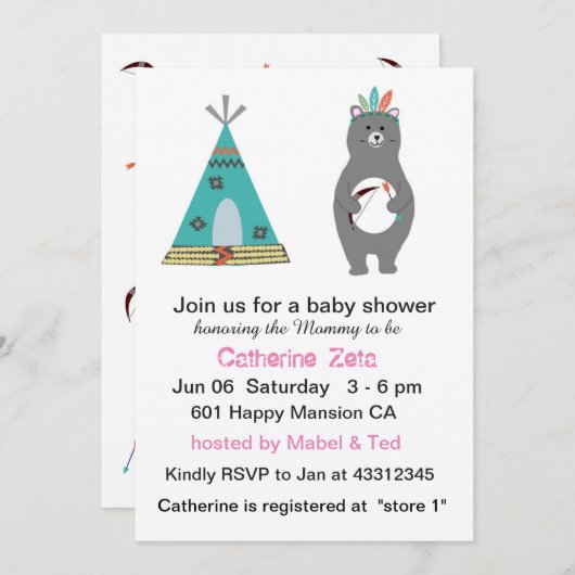 Tribal Bear Baby Showcard Einladung (Vorne/Hinten)