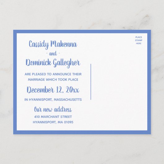 Tribal Blue Feathers Boho gerade verheiratet Hochz Ankündigungspostkarte (Rückseite)