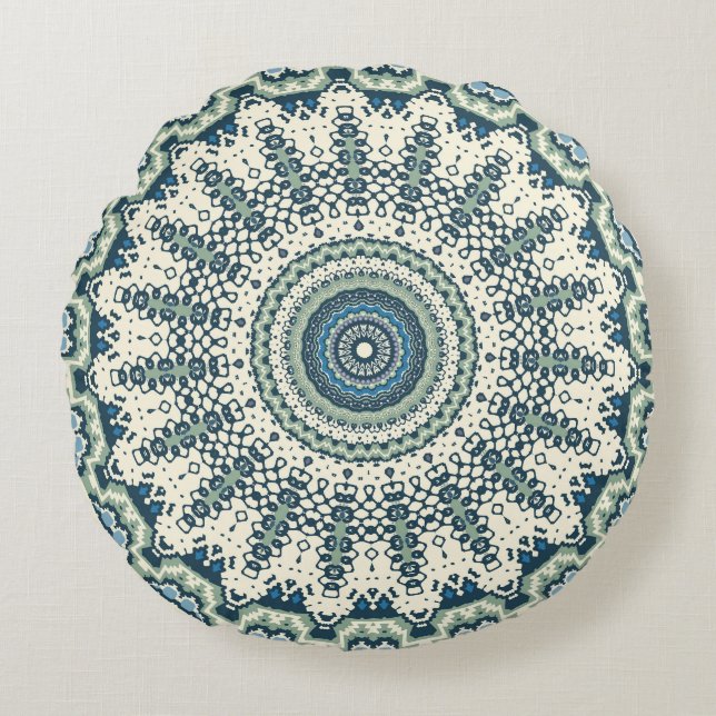 Tribal Blue Green Mandala Rundes Kissen (Vorderseite)