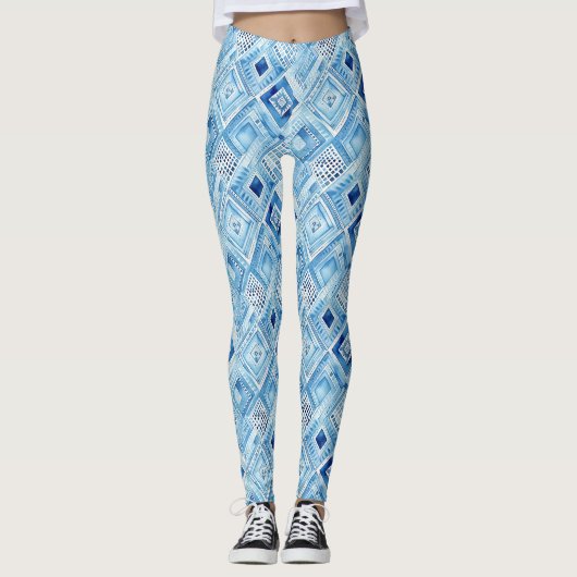 Tribal Boho Blue Squares Leggings (Vorderseite)