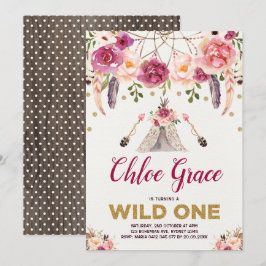 Tribal Boho Floral WILD ONE Birthday Party Teepe Einladung