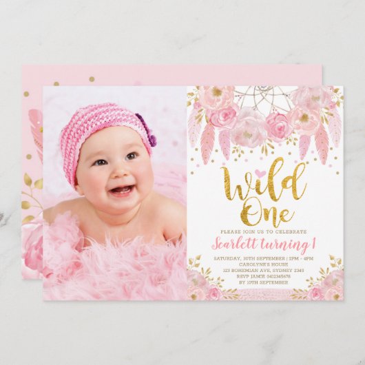 Tribal Boho Pink Dreamcatcher Wilde Ein Geburtstag Einladung (Vorne/Hinten)