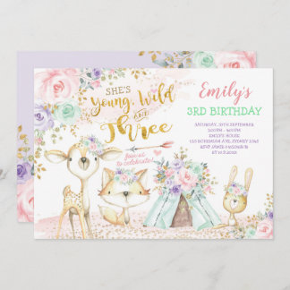 Tribal Boho Woodland Animals Teepe 3. Geburtstag Einladung