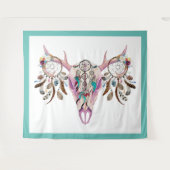 Tribal Bull Schädel & bunte Federn Träumer Wandteppich (Vorderseite (Horizontal))