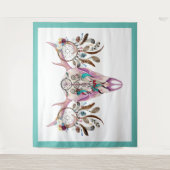 Tribal Bull Schädel & bunte Federn Träumer Wandteppich (Vorderseite)