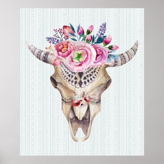 Tribal Bull Skull & Pink Wasserfarben Blume Poster (Vorne)