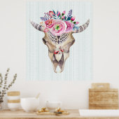 Tribal Bull Skull & Pink Wasserfarben Blume Poster (Küche)
