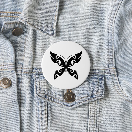 Tribal Butterfly Tattoo Bold Black Ink Style Button