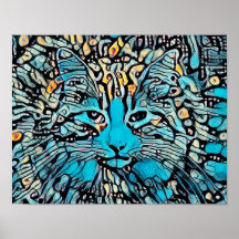 Tribal Cat Blue Yellow Mosaik Abstrakt Art Design