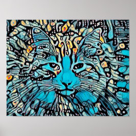 Tribal Cat Blue Yellow Mosaik Abstrakt Art Design Poster
