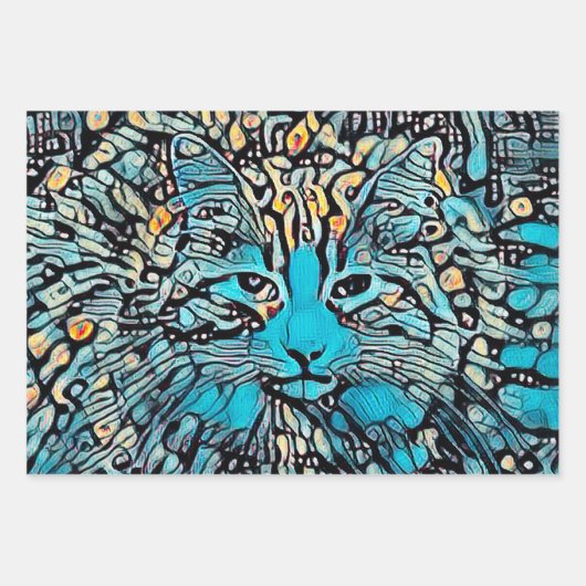 Tribal Cat Blue Yellow Mosaik Abstrakte Decoupage Geschenkpapier Set (Vorderseite)