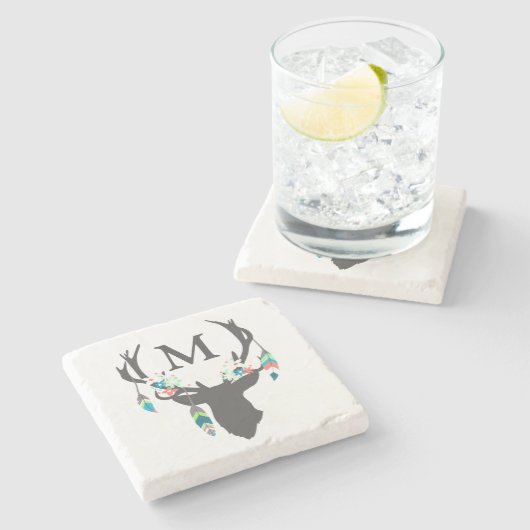 Tribal Deer Head Mit Monogramm Stone Untersetzer (Seitenansicht)