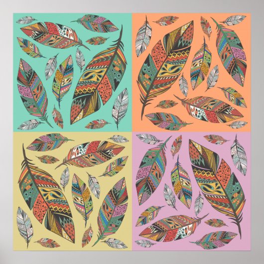 Tribal Design Feathers on Four Color Squares Poster (Vorne)