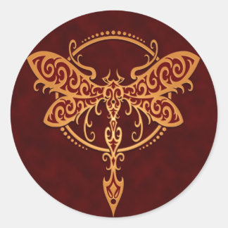Tribal Dragonfly, Golden Red Runder Aufkleber