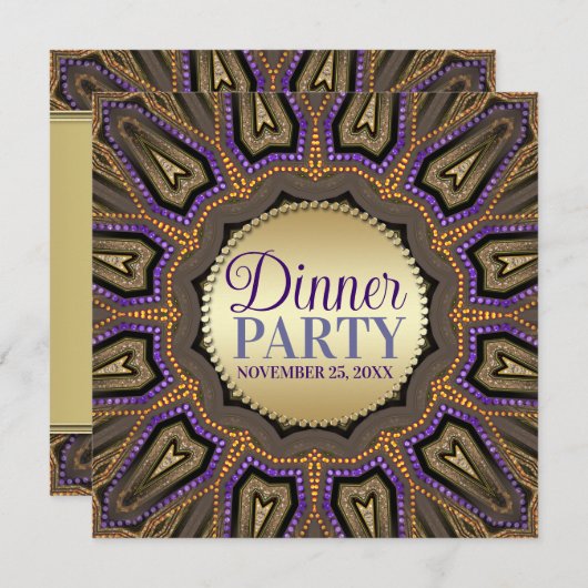 Tribal Earth Orange Lila Gold Dinner Party Einladung (Vorne/Hinten)