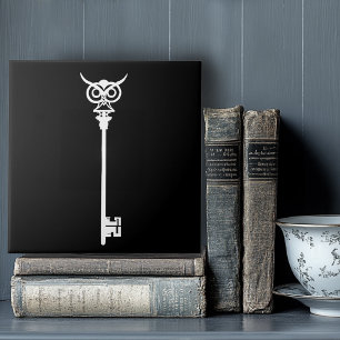 Tribal Eule Skelett Schlüssel Schwarz Weiß Gothic Fliese