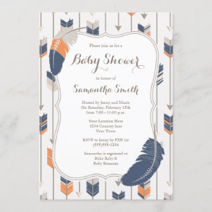 Tribal Feather Arrows Baby Shooting Navy Orange Einladung