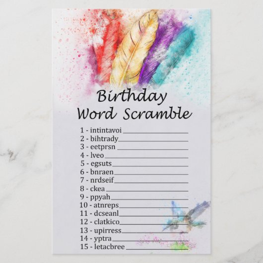 Tribal Feather Geburtstag Word Scramble Game (Vorderseite)