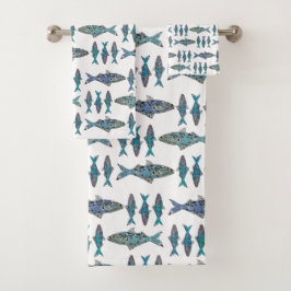 Tribal Fisch Blau moderne grafische Gestaltung Badhandtuch Set