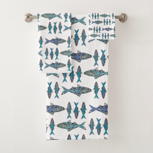 Tribal Fisch Blau moderne grafische Gestaltung Badhandtuch Set (Insitu)
