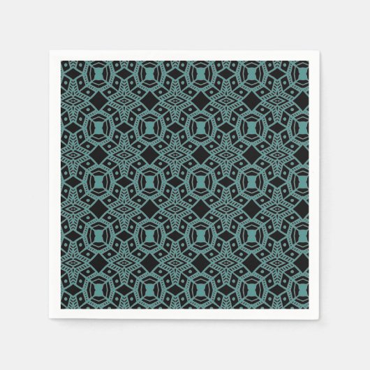 Tribal Gemis Black & Aquamarin Pattern Papier Napk Serviette (Vorderseite)