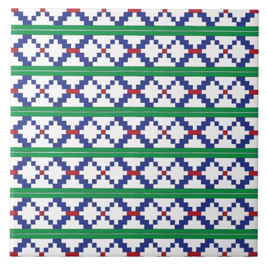 Tribal Green, blau, rot, ethnische Volkskunst Fliese (Vorderseite)