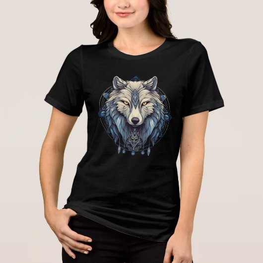 Tribal Ice Wolf with Blue Symbols Tri-Blend Shirt (Vorderseite)