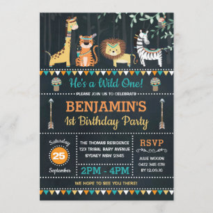 Tribal Jungle Safari Tiere Wild 1 1. Geburtstag Einladung