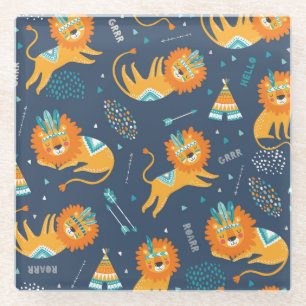 Tribal Lions Cartoon Nahtloses Muster Glasuntersetzer