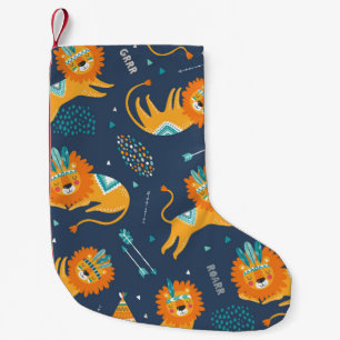Tribal Lions Cartoon Nahtloses Muster Kleiner Weihnachtsstrumpf