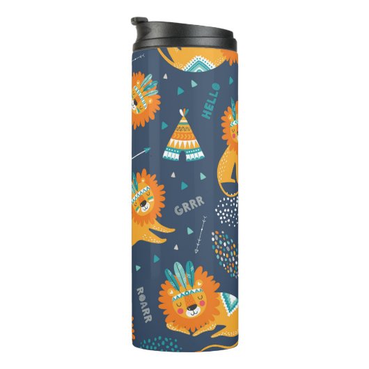 Tribal Lions Cartoon Nahtloses Muster Thermosbecher (Nach rechts gedreht)
