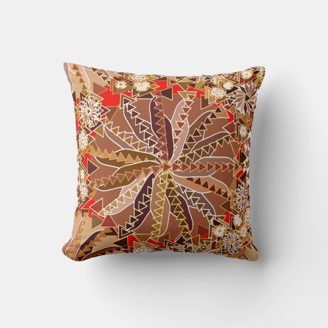 Tribal Mandala Print, Brown, Beige und Red Kissen (Vorderseite)