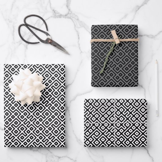 Tribal Maze Grayscale Wrapping Paper Sheets Geschenkpapier Set (Vorderseite)