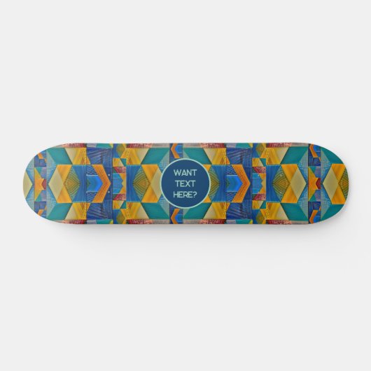Tribal Mosaic: Blue Orange Aquamarin Shapes - Text Skateboard (Horizontal)