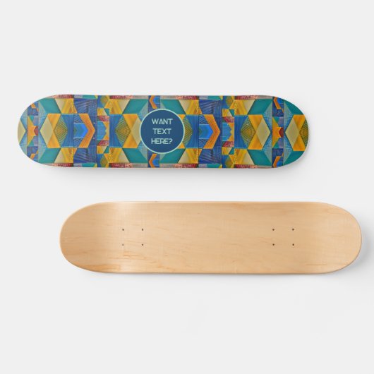 Tribal Mosaic: Blue Orange Aquamarin Shapes - Text Skateboard (Horizontal)