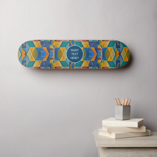 Tribal Mosaic: Blue Orange Aquamarin Shapes - Text Skateboard (Wandkunst (Horz))