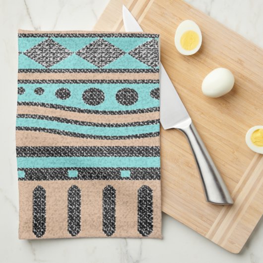 Tribal-Muster Pfirsich und Türkis Geschirrtuch (Viertel Falte)