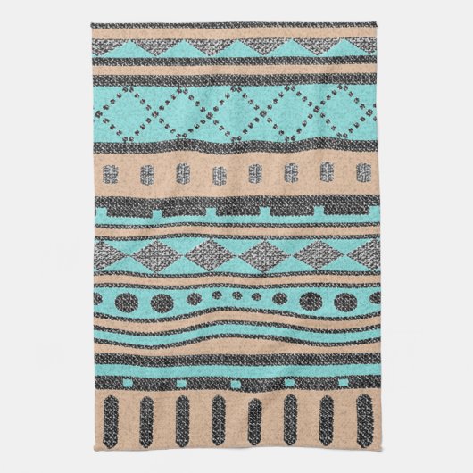 Tribal-Muster Pfirsich und Türkis Geschirrtuch (Vertikal)