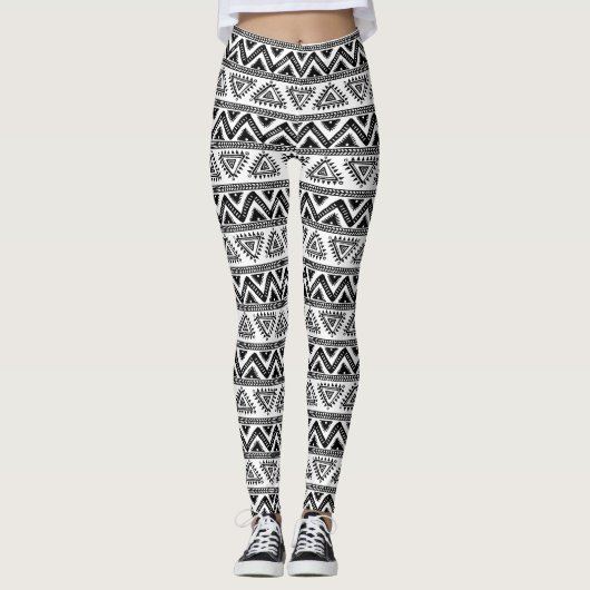 Tribal-Muster Schwarz-Weiß Leggings (Vorderseite)