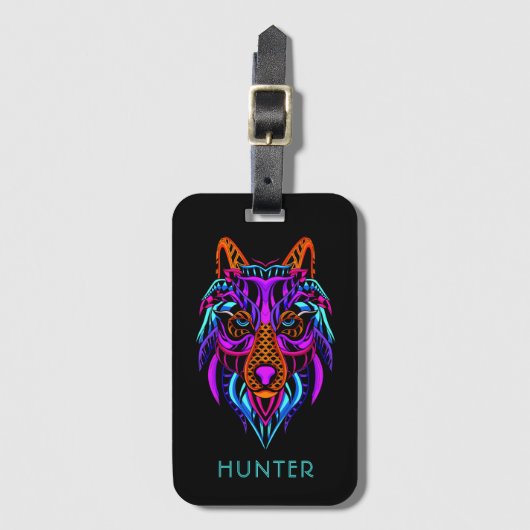 Tribal Neon Wolf Personalisiert Gepäckanhänger (Vorderseite Vertikal)
