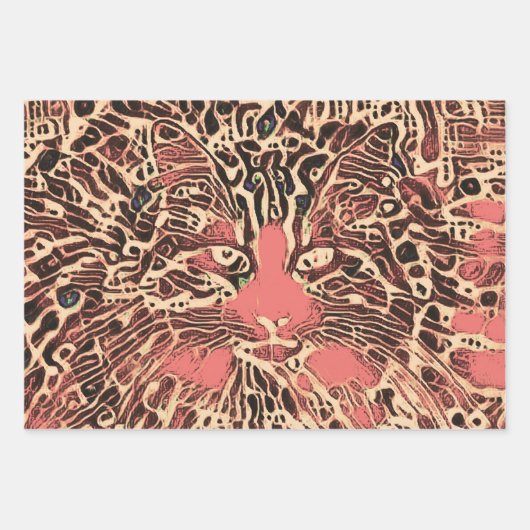 Tribal Niedlich Tabby Cat Pink Brown Hippie Mosaik Geschenkpapier Set (Vorderseite 2)