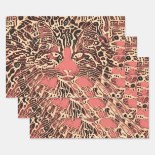 Tribal Niedlich Tabby Cat Pink Brown Hippie Mosaik Geschenkpapier Set