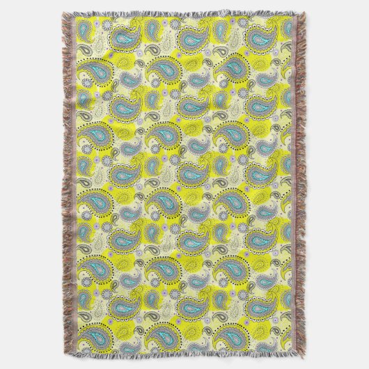 Tribal Paisley Pattern Lemon Yellow Turquoise Decke (Vorderseite Vertikal)